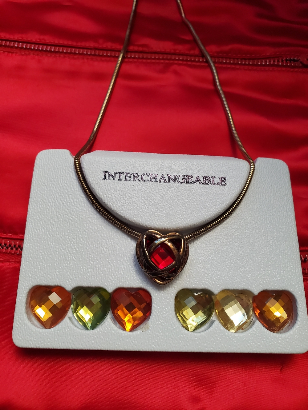 Gold-Tone Heart Necklace with Interchangeable  Multi-color Stone Red Centerstone